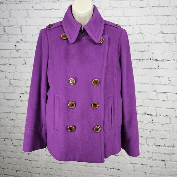 J.Crew Purple 100% Wool Insulated Brown Buttoned Collared Pea Coat Medium M - Picture 1 of 13
